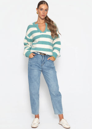 Gestreifter Pullover mit Blende - petrol-offwhite