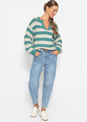 Gestreifter Pullover mit Blende - petrol-offwhite