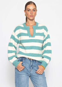 Gestreifter Pullover mit Blende - petrol-offwhite