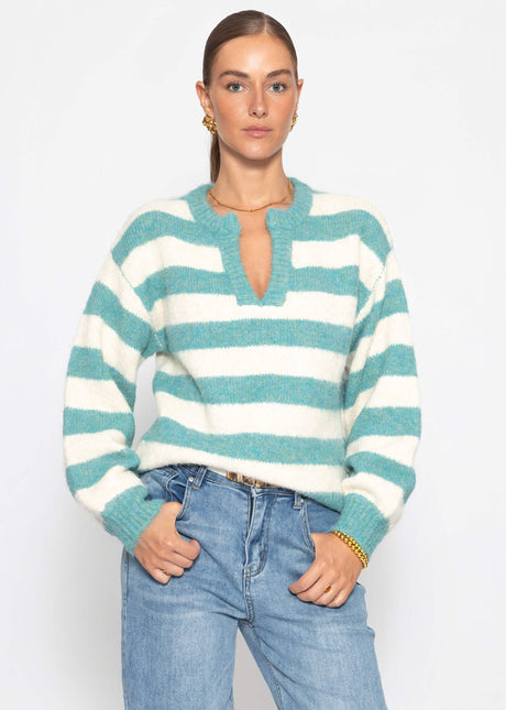 Gestreifter Pullover mit Blende - petrol-offwhite
