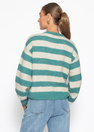 Gestreifter Pullover mit Blende - petrol-offwhite