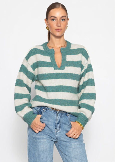 Gestreifter Pullover mit Blende - petrol-offwhite
