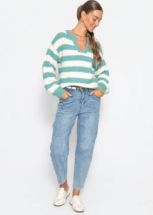 Gestreifter Pullover mit Blende - petrol-offwhite