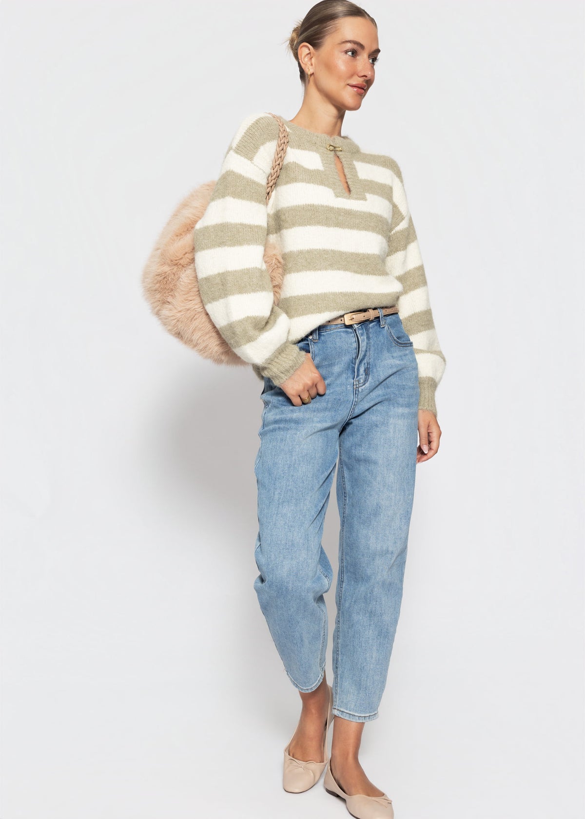 Gestreifter Pullover mit Blende - taupe-offwhite
