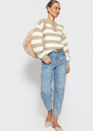 Gestreifter Pullover mit Blende - taupe-offwhite