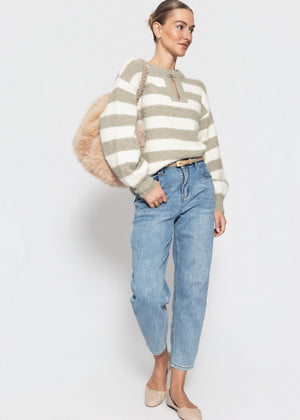 Gestreifter Pullover mit Blende - taupe-offwhite