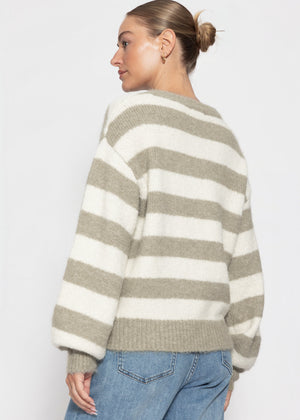 Gestreifter Pullover mit Blende - taupe-offwhite
