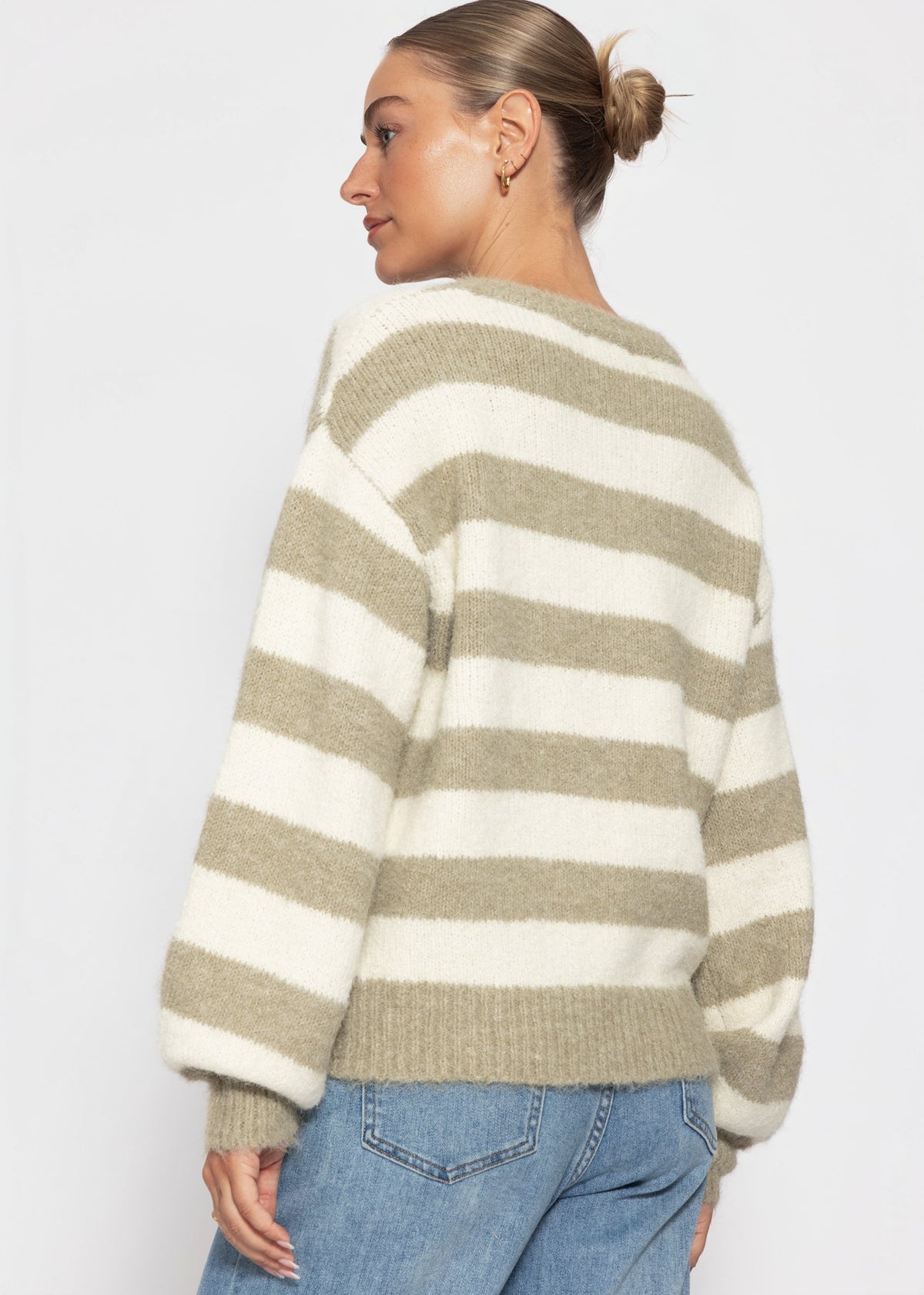 Gestreifter Pullover mit Blende - taupe-offwhite