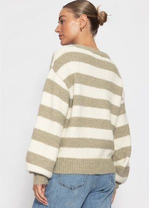 Gestreifter Pullover mit Blende - taupe-offwhite
