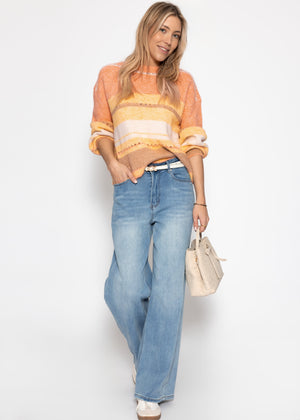 Gestreifter Pullover mit Loch-Strickmuster - gelb