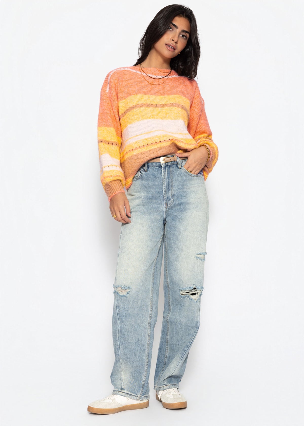 Gestreifter Pullover mit Loch-Strickmuster - gelb