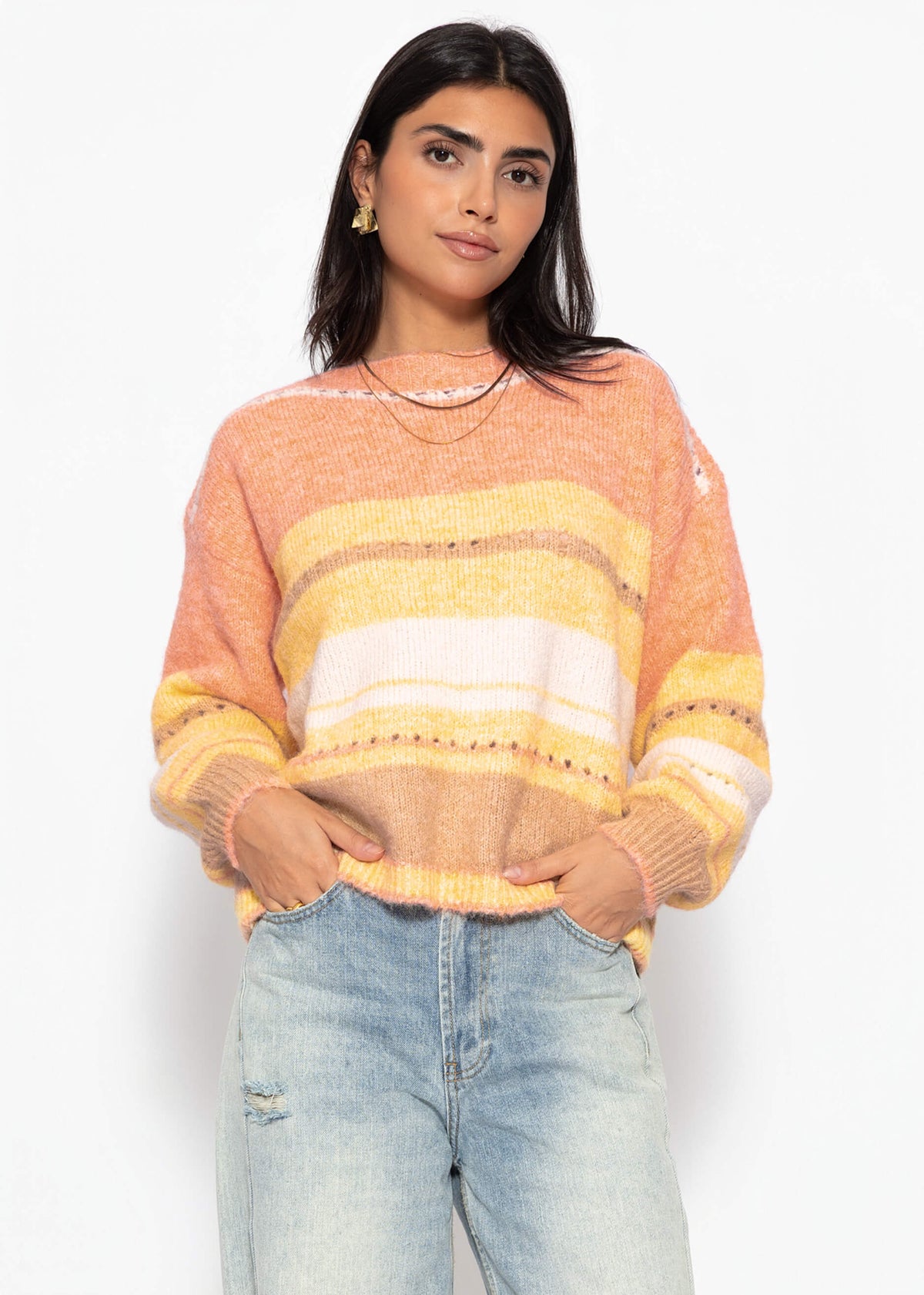 Gestreifter Pullover mit Loch-Strickmuster - gelb