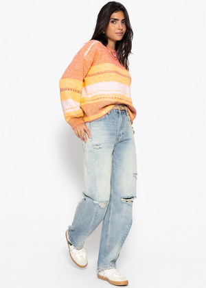 Gestreifter Pullover mit Loch-Strickmuster - gelb