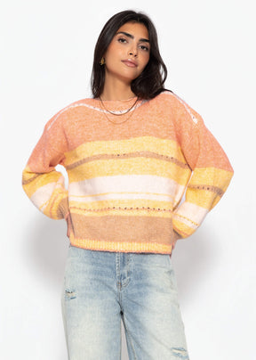 Gestreifter Pullover mit Loch-Strickmuster - gelb
