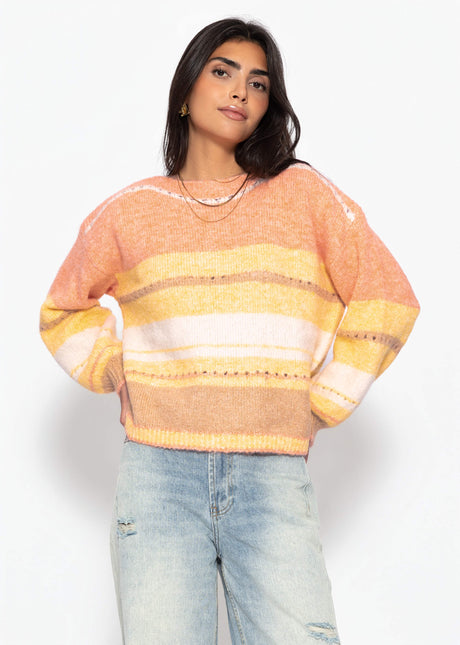 Gestreifter Pullover mit Loch-Strickmuster - gelb