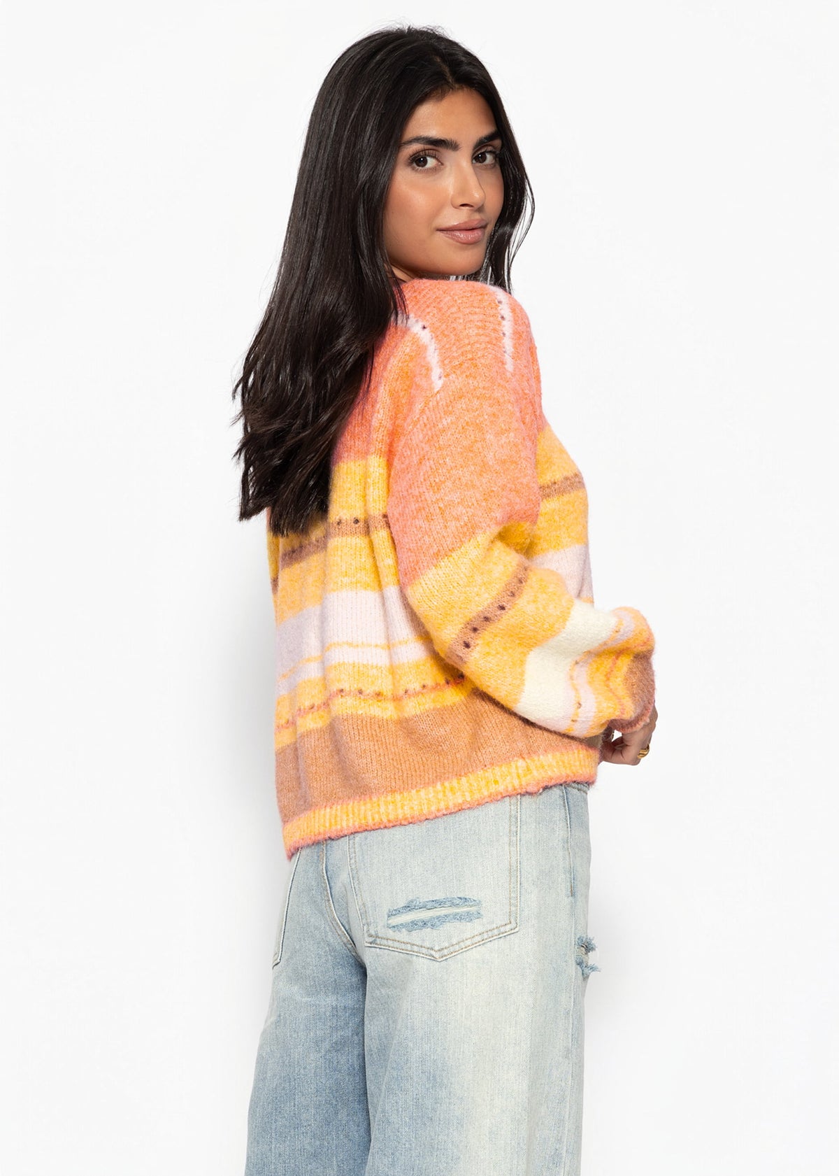 Gestreifter Pullover mit Loch-Strickmuster - gelb