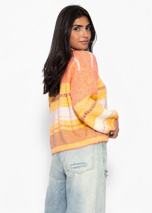 Gestreifter Pullover mit Loch-Strickmuster - gelb