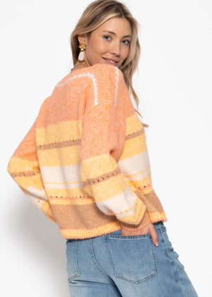 Gestreifter Pullover mit Loch-Strickmuster - gelb