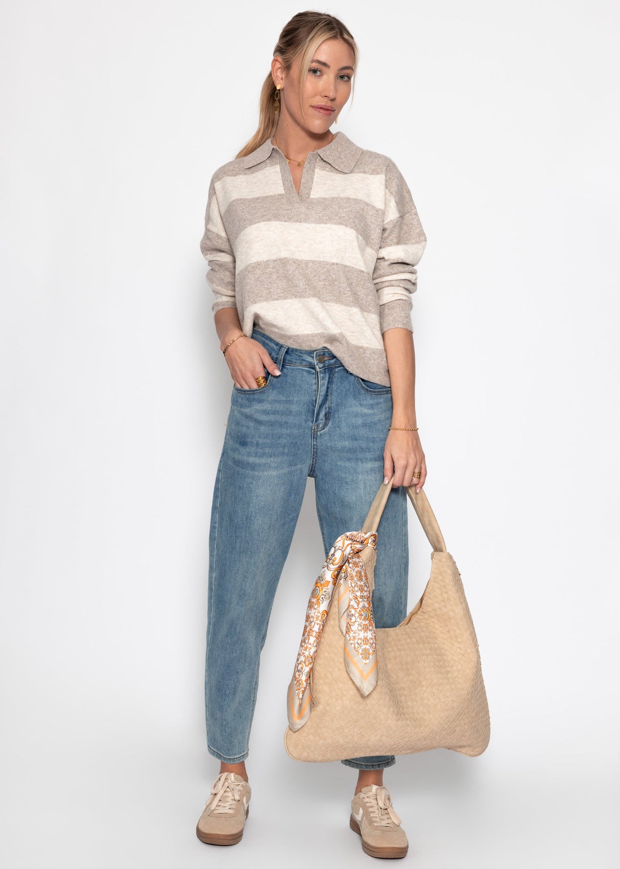 Striped polo-collar sweater - beige-taupe