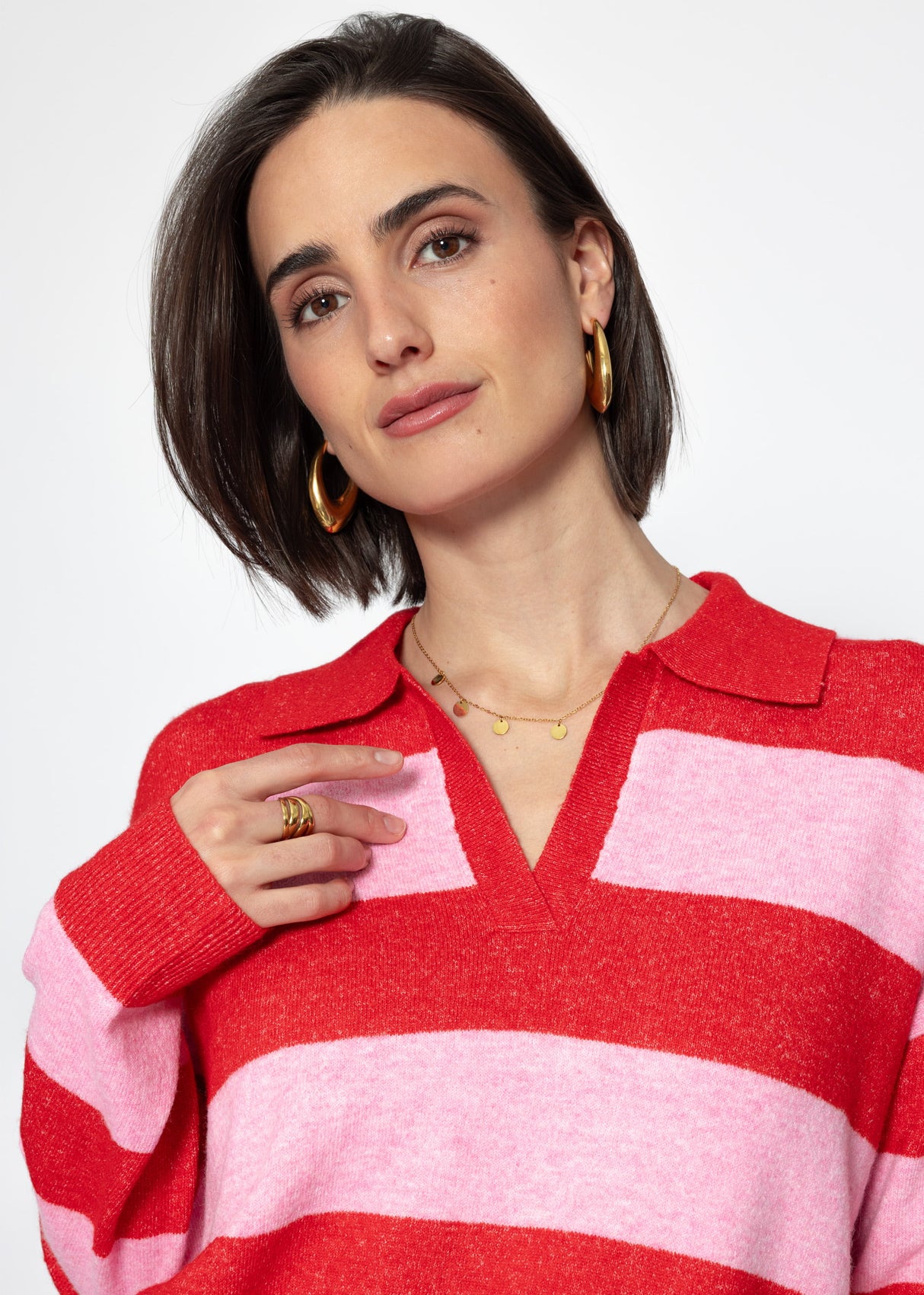 Striped polo-collar sweater - pink-red