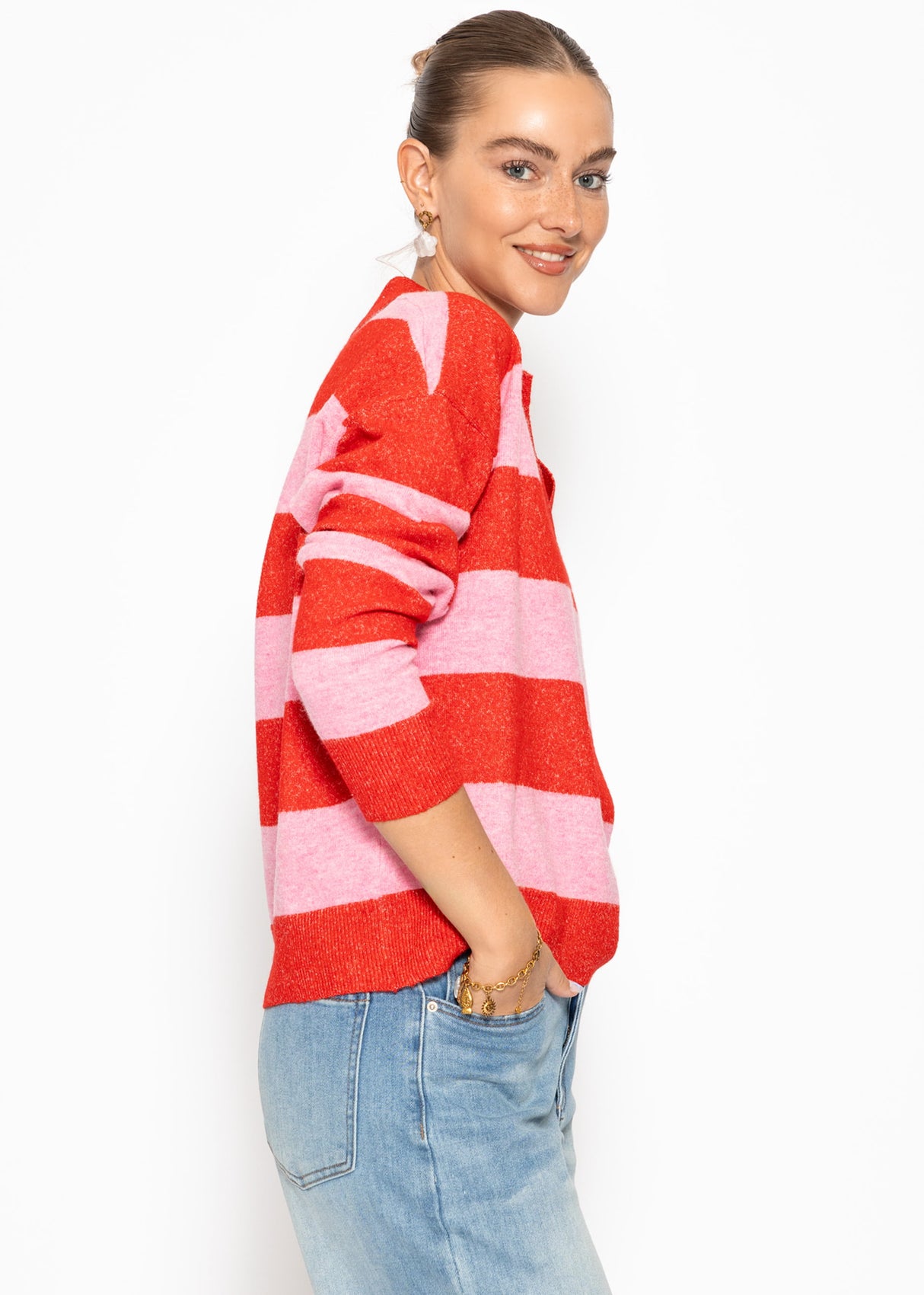 Striped polo-collar sweater - pink-red