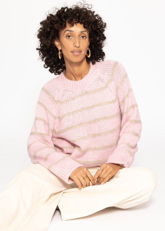 Gestreifter Pullover mit Rundhalsausschnitt - rosa