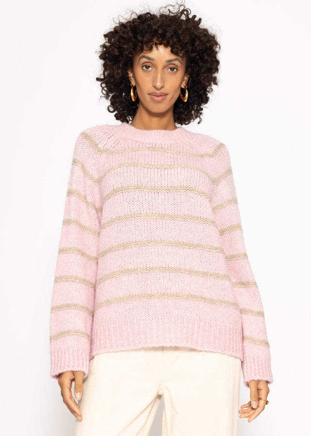 Gestreifter Pullover mit Rundhalsausschnitt - rosa