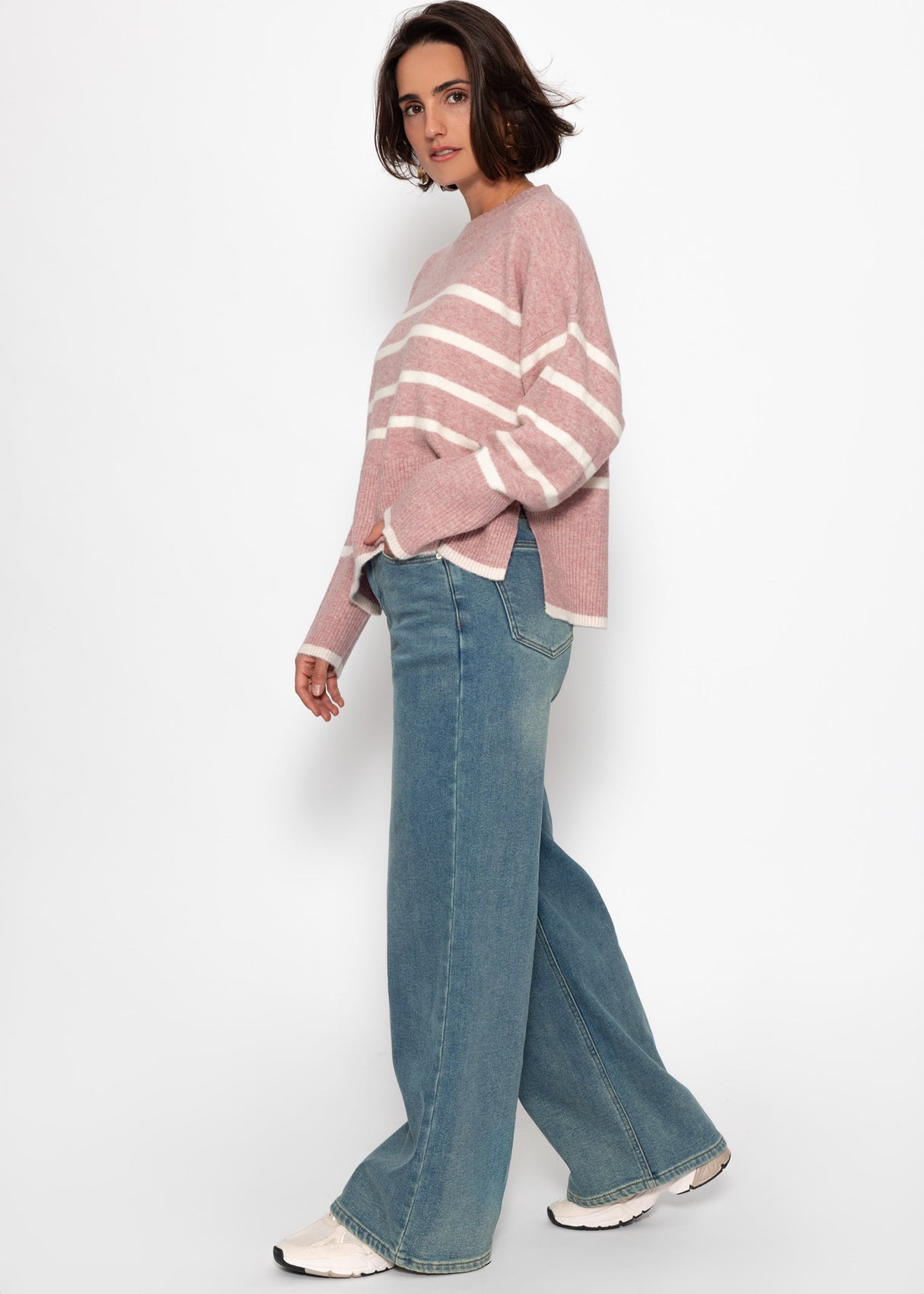 Striped knitting sweater with side slits - altrosa -offwhite