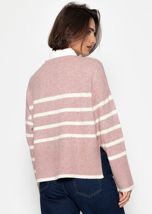 Gestreifter Strickpullover mit Seitenschlitzen - altrosa