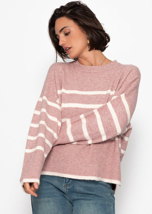 Striped knitting sweater with side slits - altrosa -offwhite