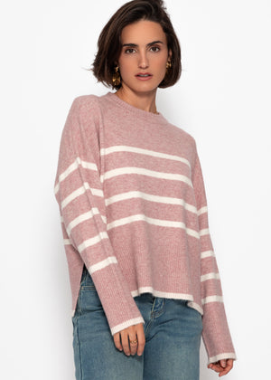 Striped knitting sweater with side slits - altrosa -offwhite