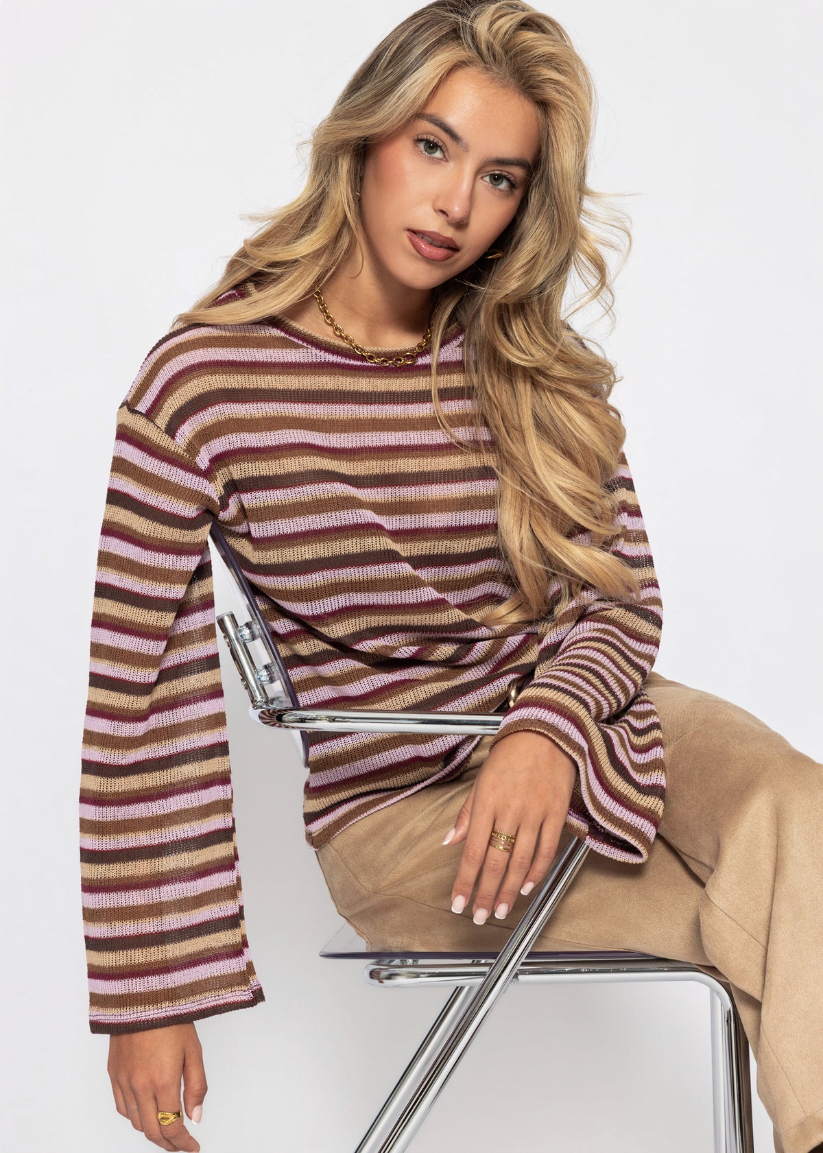 Gestreiftes Langarm Strick Shirt - braun