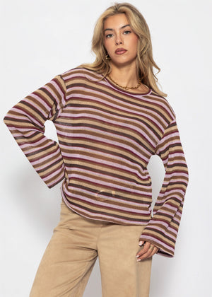 Gestreiftes Langarm Strick Shirt - braun