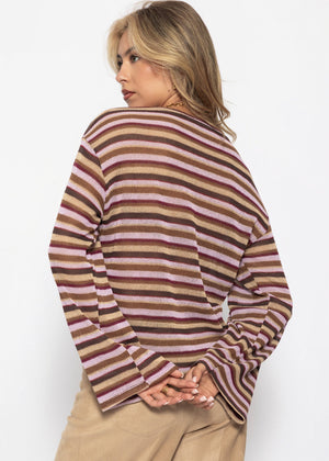 Gestreiftes Langarm Strick Shirt - braun