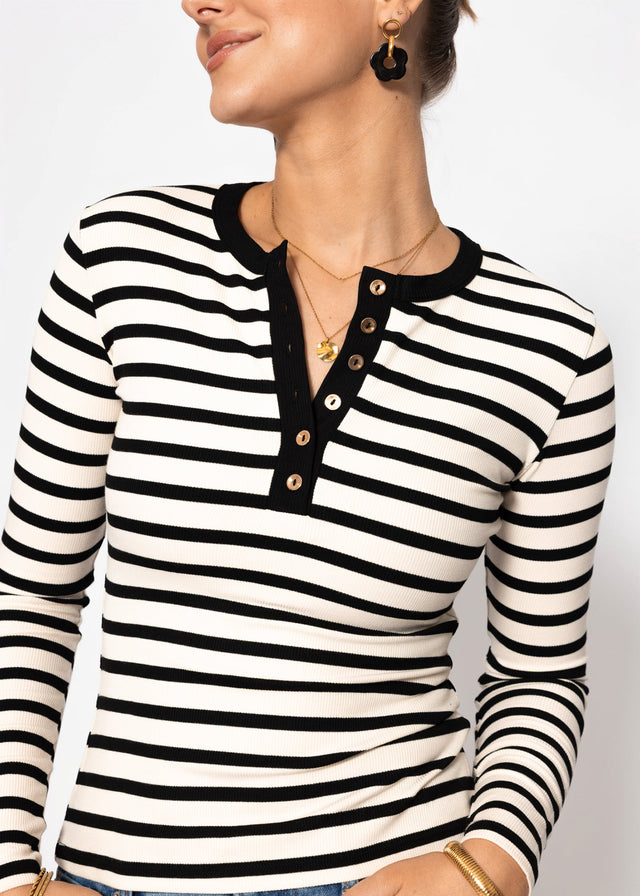 Gestreiftes Langarmshirt mit Knopfleiste - schwarz-weiß