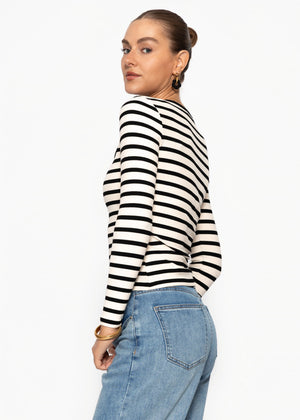 Gestreiftes Langarmshirt mit Knopfleiste - schwarz-weiß