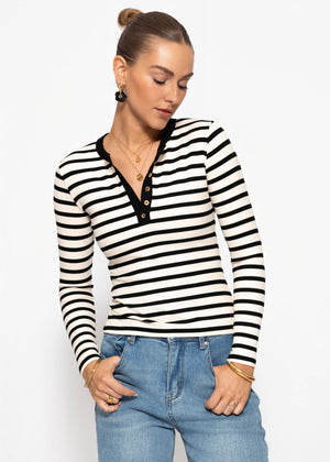 Gestreiftes Langarmshirt mit Knopfleiste - schwarz-weiß