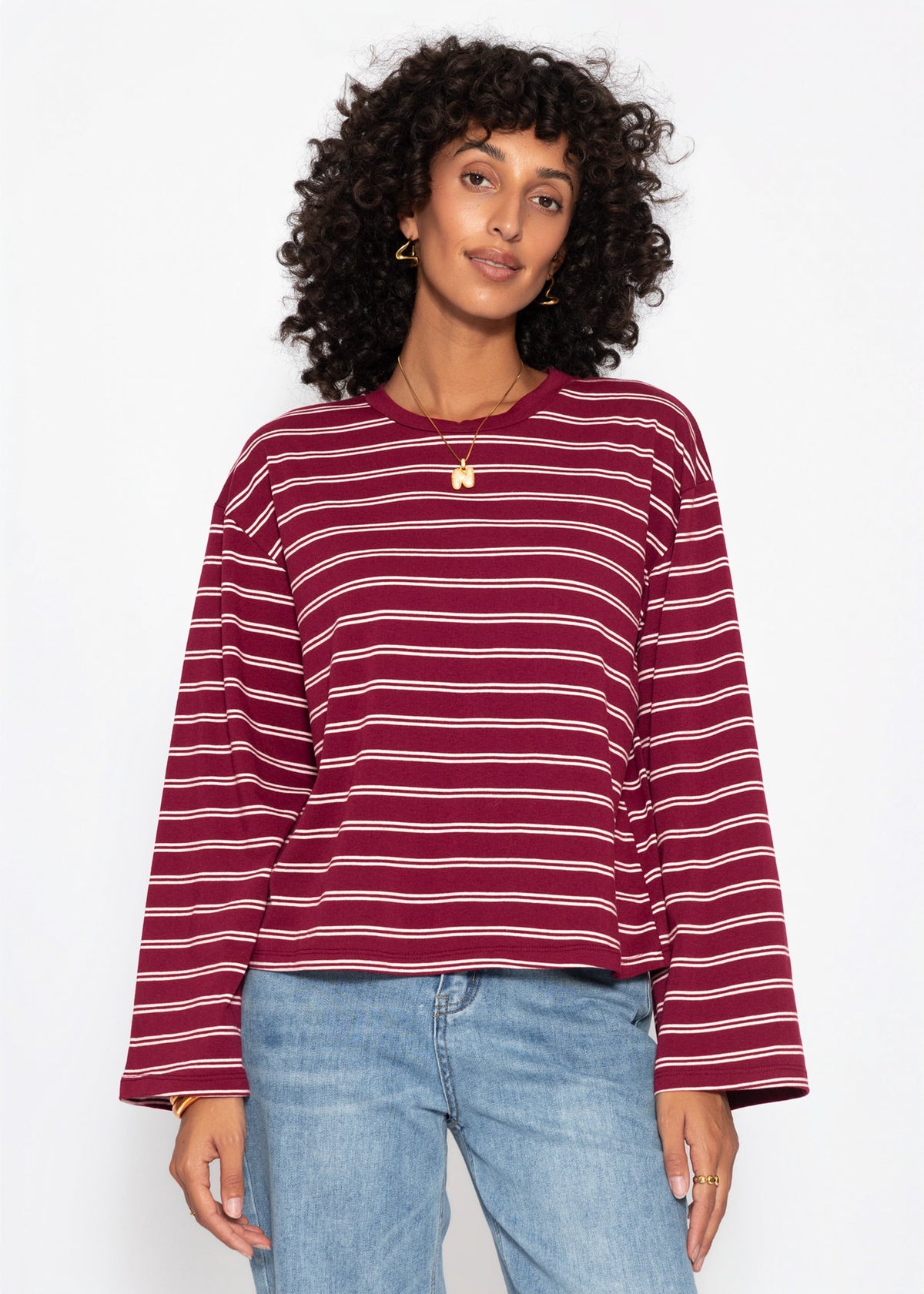 Gestreiftes Langarmshirt mit weiten Ärmeln - burgundy
