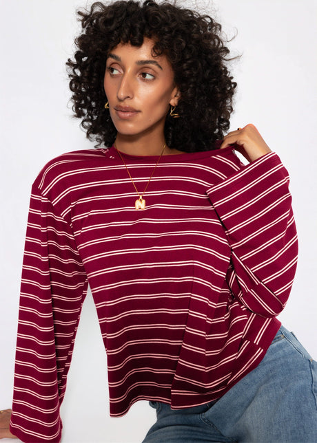 Gestreiftes Langarmshirt mit weiten Ärmeln - burgundy