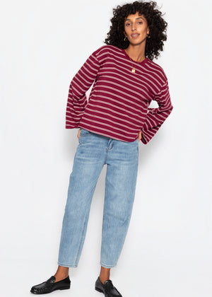 Gestreiftes Langarmshirt mit weiten Ärmeln - burgundy