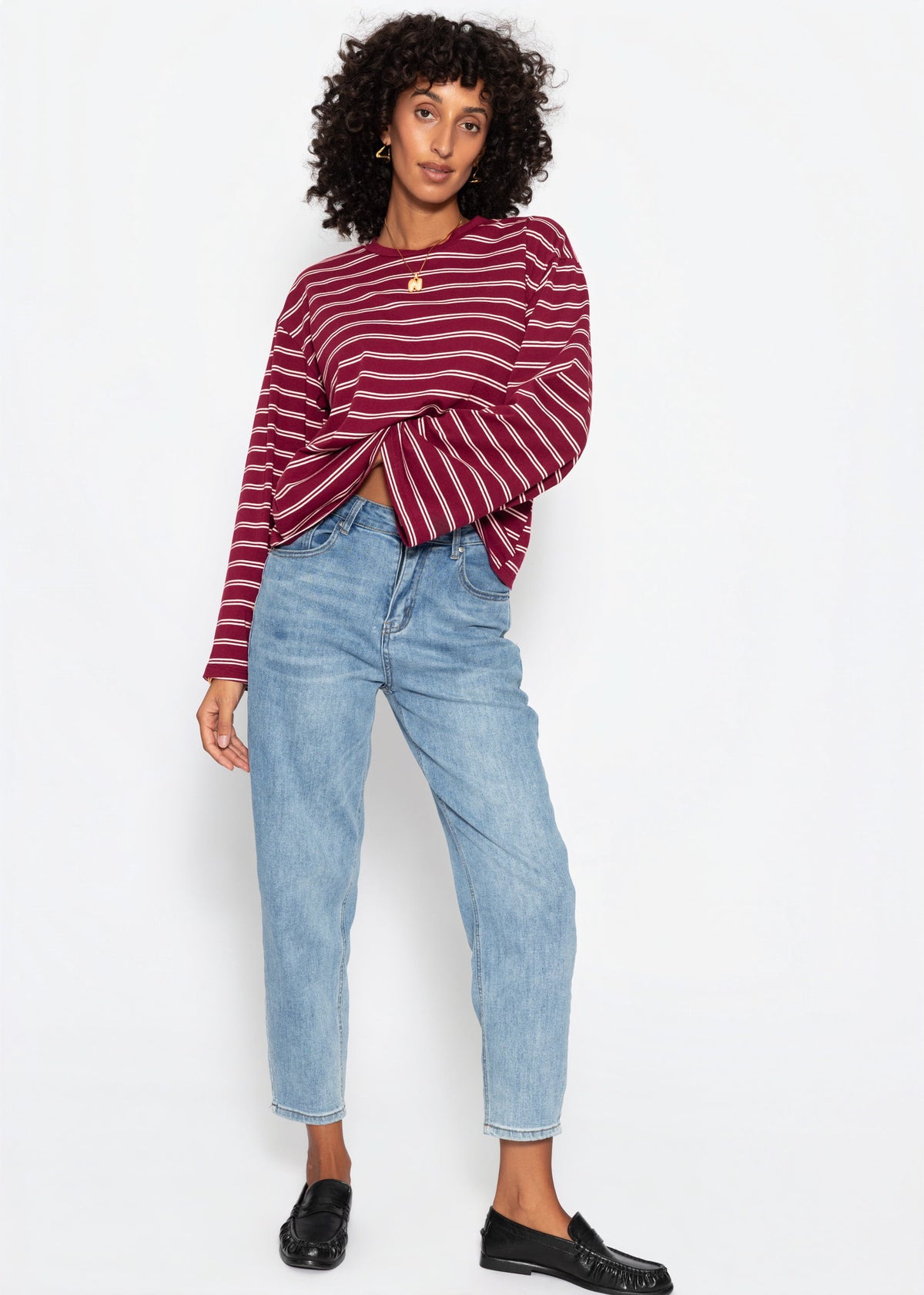 Gestreiftes Langarmshirt mit weiten Ärmeln - burgundy