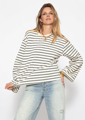 Gestreiftes Langarmshirt mit weiten Ärmeln - offwhite