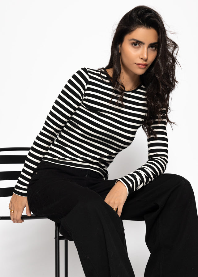 Striped long-sleeved top - black
