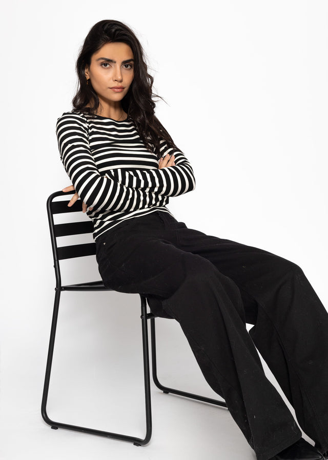 Striped long-sleeved top - black