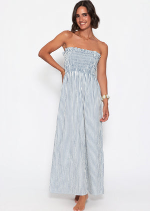 Gestreiftes Maxi Musselin Bandeau Kleid - blau-weiß