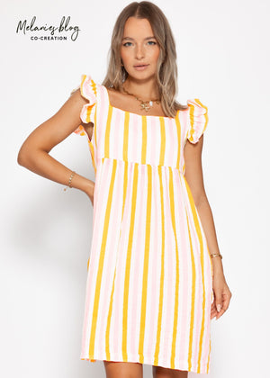 Gestreiftes Musselinkleid - rosa-gelb