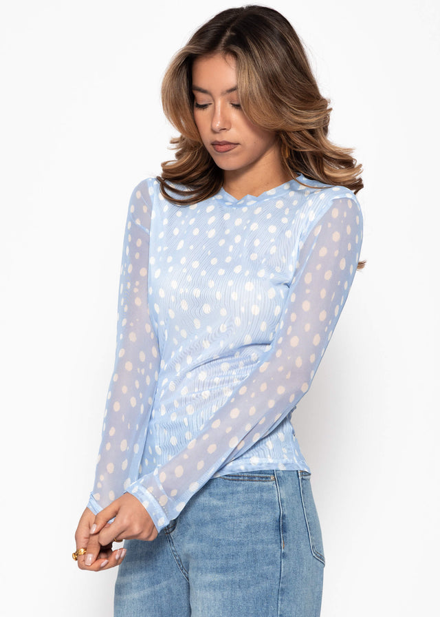 Polka dot mesh top with crew neck - light blue