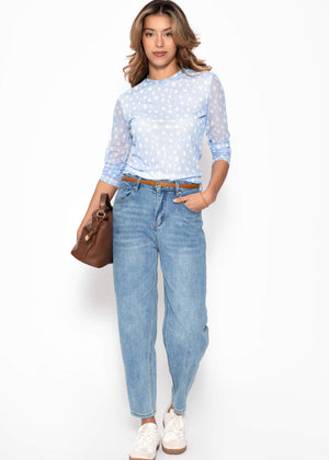 Polka dot mesh shirt with round neck - light blue