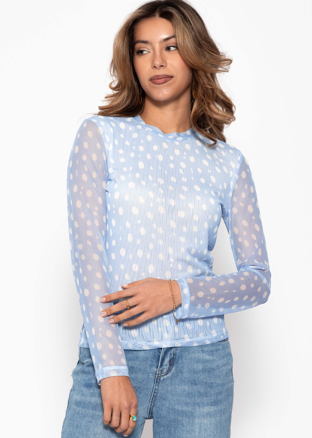 Polka dot mesh shirt with round neck - light blue