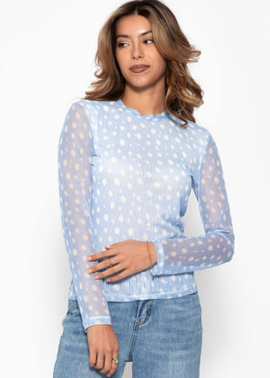 Polka dot mesh shirt with round neck - light blue